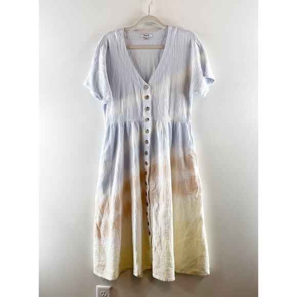Madewell Tie-Dye Lightspun Button-Front Gauze Cotton Midi Dress Blue Yellow M - Picture 2 of 5